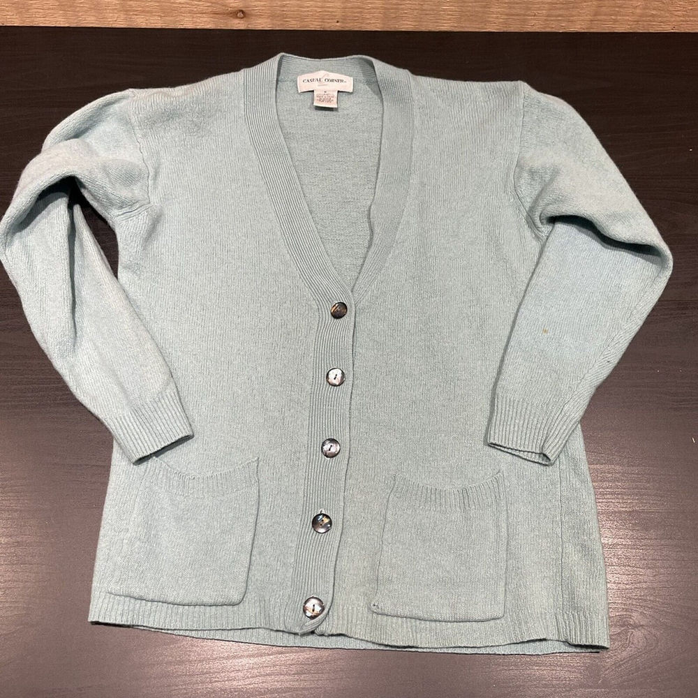 Vintage 80s Casual Corner Lambswool Cardigan Sweater Women Medium Blue Pockets